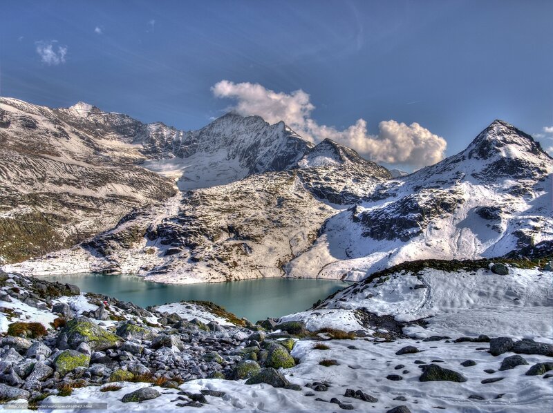 Snow-covered Mountains — Blue, Dramatic, Winter, Photograph, Lake, Clouds, Rocks