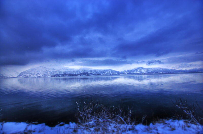 Snow-covered Mountains — Blue, Dramatic, Winter, Photograph, Lake, Clouds