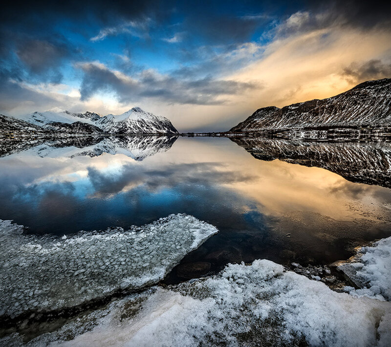 Snow-covered Mountains — Blue, Dramatic, Winter, Photograph, Lake, Ice, Clouds