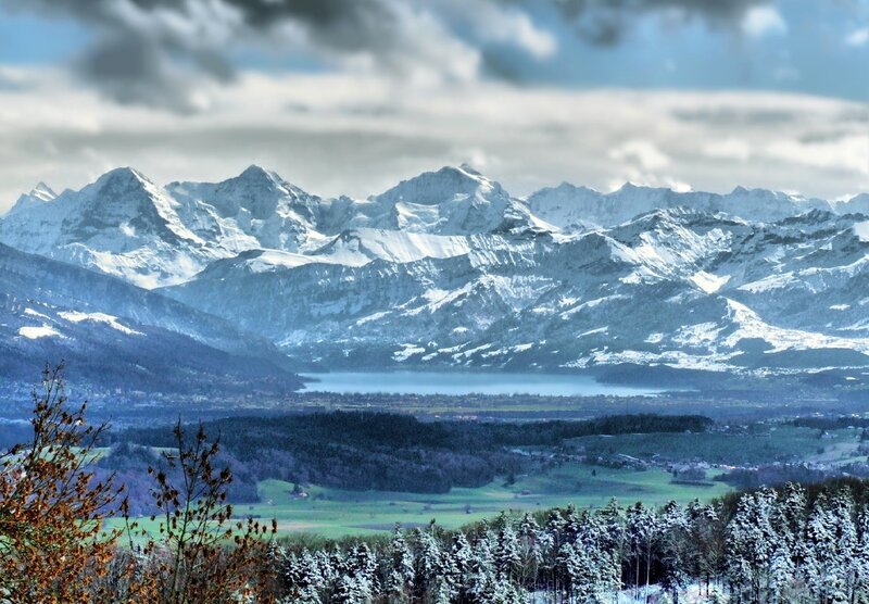 Snow-covered Mountains — Blue, Dramatic, Winter, Photograph, Lake