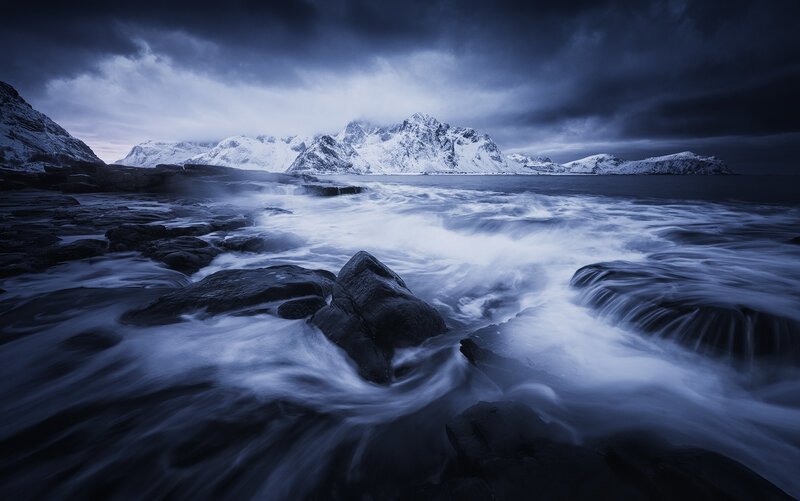 Snow-covered Mountains — Blue, Dramatic, Winter, Photograph, Ocean, Rocks