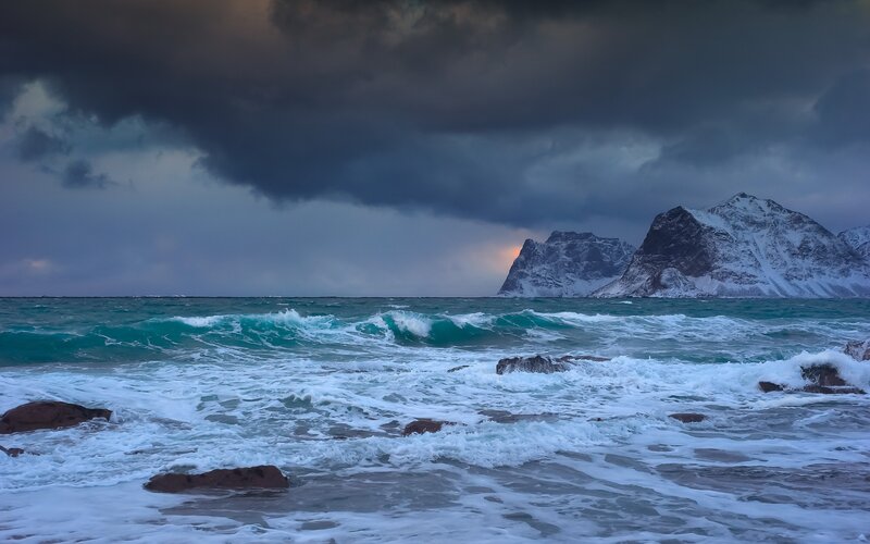 Snow-covered Mountains — Blue, Dramatic, Winter, Photograph, Ocean Waves