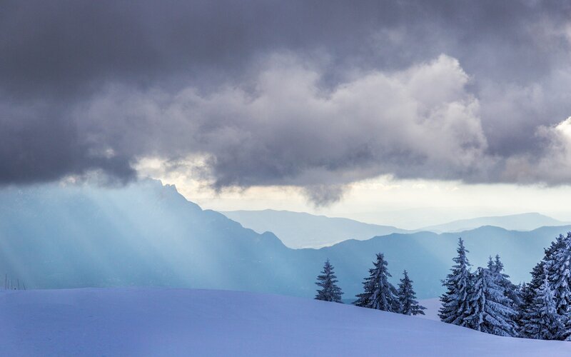 Snow-covered Mountains — Blue, Dramatic, Winter, Photograph, Trees, Clouds, White, Gray
