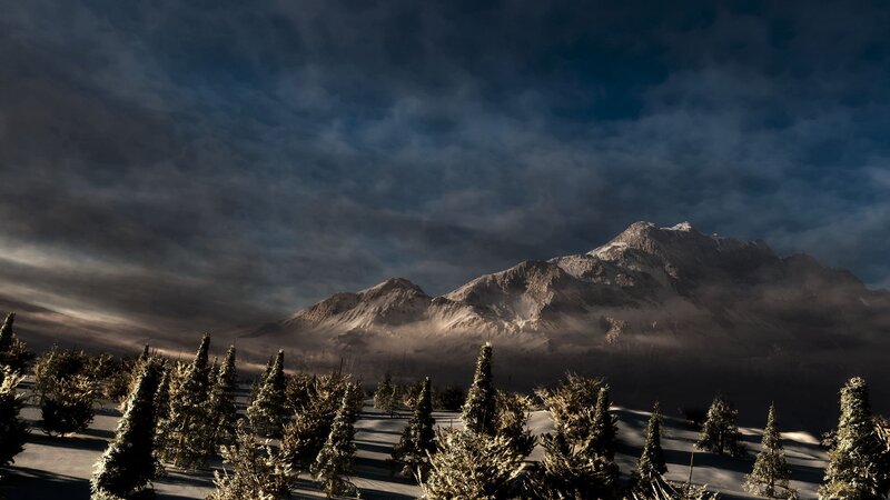 Snow-covered Mountains — Blue, Dramatic, Winter, Photograph, Trees, Clouds, White