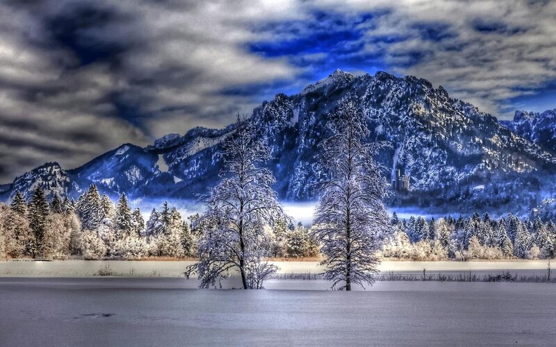 Snow-covered Mountains — Blue, Dramatic, Winter, Photograph, Trees, Lake, Clouds