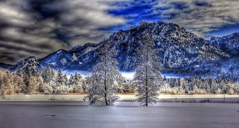 Snow-covered Mountains — Blue, Dramatic, Winter, Photograph, Trees, Lake