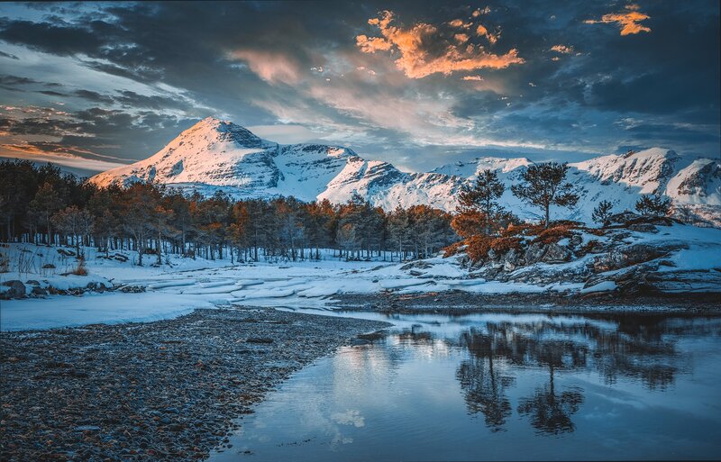 Snow-covered Mountains — Blue, Dramatic, Winter, Photograph, Trees, River