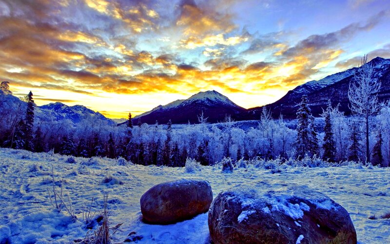 Snow-covered Mountains — Blue, Dramatic, Winter, Photograph, Trees, Rocks