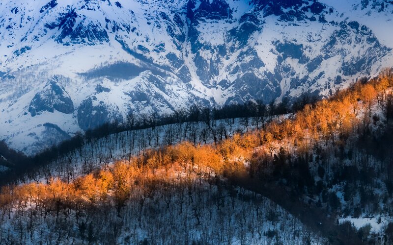 Snow-covered Mountains — Blue, Dramatic, Winter, Photograph, Trees, Snow