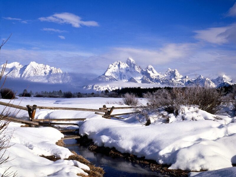Snow-covered Mountains — Blue, Fence