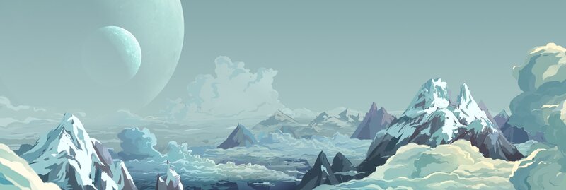 Snow-covered Mountains — Blue, Serene, Digital Art, Clouds, Planets