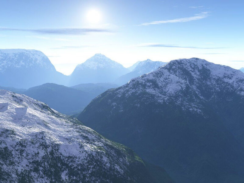 Snow-covered Mountains — Blue, Serene, Morning, 3d Render, Sun