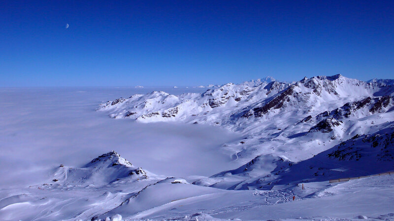Snow-covered Mountains — Blue, Serene, Morning, Photograph, Clouds, Moon