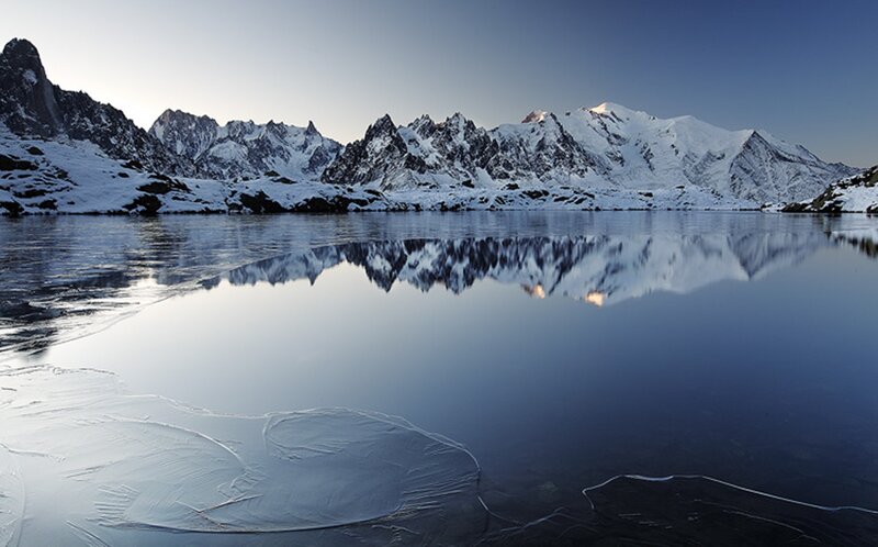 Snow-covered Mountains — Blue, Serene, Morning, Photograph, Lake