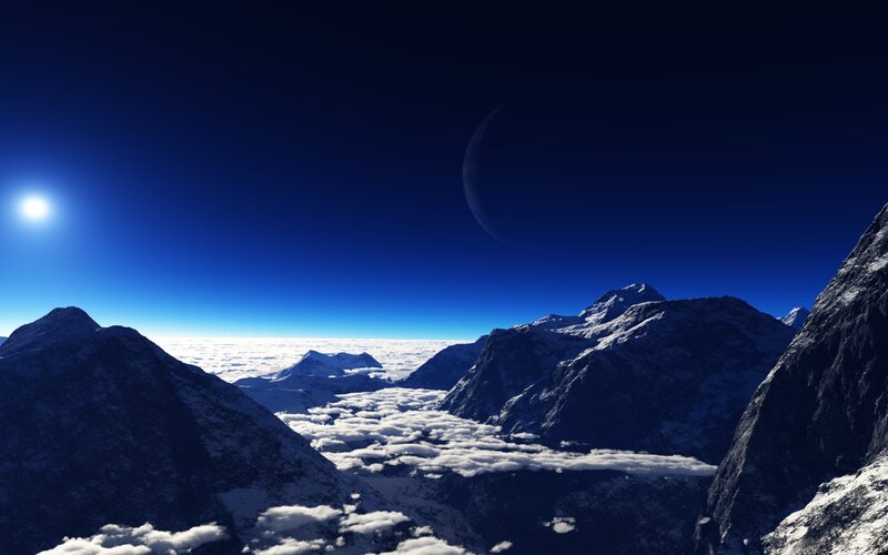 Snow-covered Mountains — Blue, Serene, Night, 3d Render, Sun