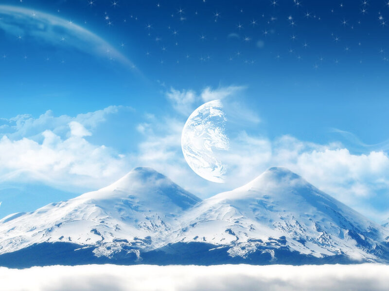 Snow-covered Mountains — Blue, Serene, Night, Digital Art, Moon, Clouds