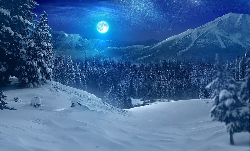 Snow-covered Mountains — Blue, Serene, Night, Digital Art, Moon, Forest