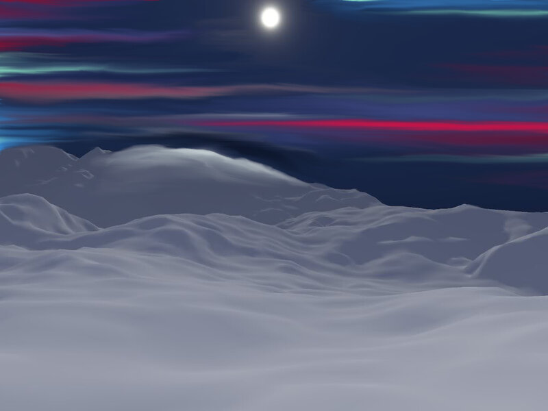 Snow-covered Mountains — Blue, Serene, Night, Digital Art, Moon