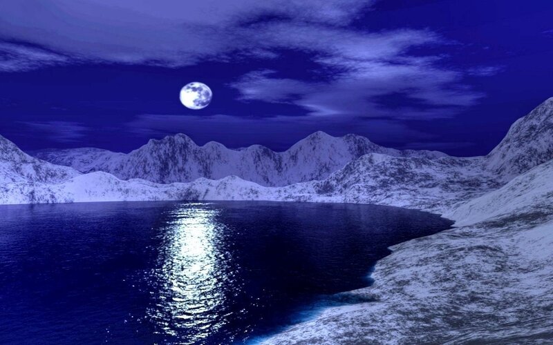 Snow-covered Mountains — Blue, Serene, Night, Digital Art