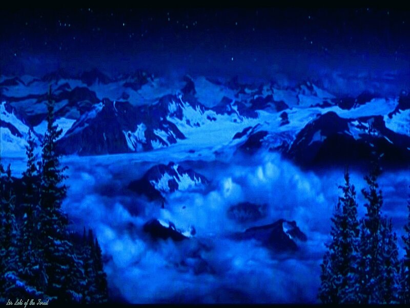 Snow-covered Mountains — Blue, Serene, Night, Digital Art, Trees