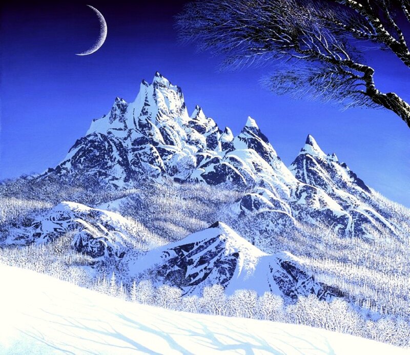 Snow-covered Mountains — Blue, Serene, Night, Painting