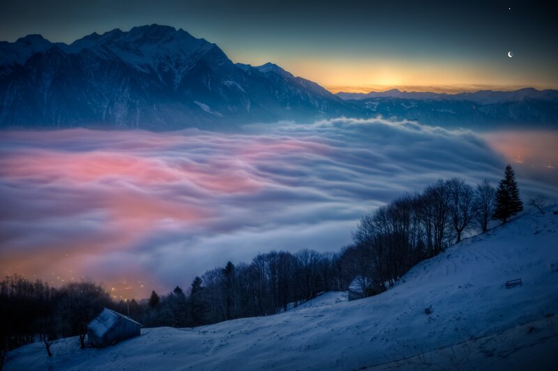 Snow-covered Mountains — Blue, Serene, Night, Photograph, Clouds, Moon, Trees
