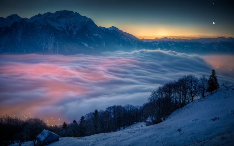 Snow-covered Mountains — Blue, Serene, Night, Photograph, Clouds, Moon, Trees, Village Lights