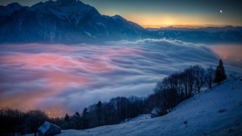 Snow-covered Mountains — Blue, Serene, Night, Photograph, Clouds