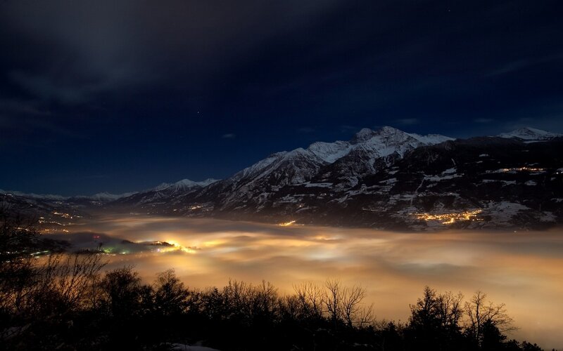 Snow-covered Mountains — Blue, Serene, Night, Photograph, Fog