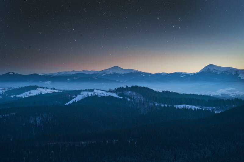Snow-covered Mountains — Blue, Serene, Night, Photograph, Forests