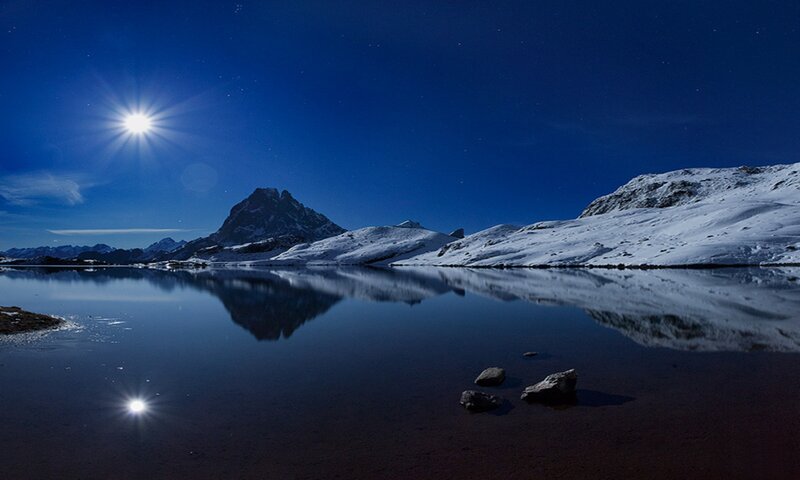 Snow-covered Mountains — Blue, Serene, Night, Photograph, Lake, Moon, Stars