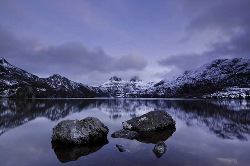 Snow-covered Mountains — Blue, Serene, Night, Photograph, Lake, Rocks
