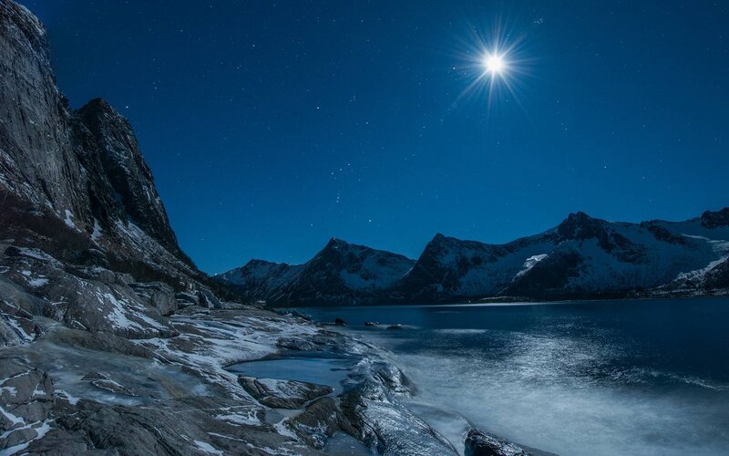 Snow-covered Mountains — Blue, Serene, Night, Photograph, Lake, Stars
