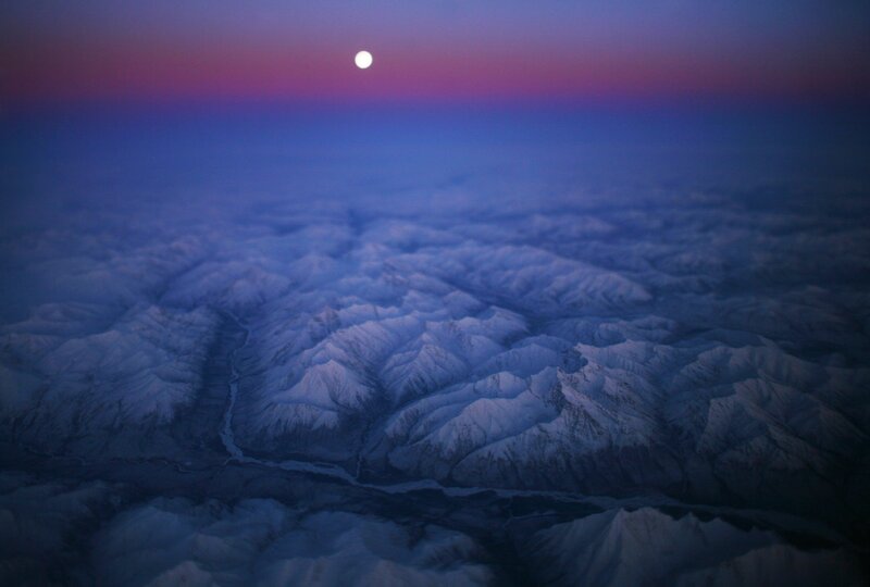 Snow-covered Mountains — Blue, Serene, Night, Photograph, Moon, Clouds, River