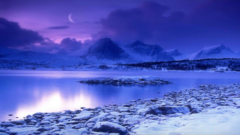 Snow-covered Mountains — Blue, Serene, Night, Photograph, Moon, Lake, Rocks