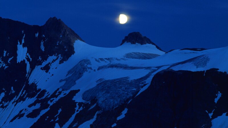 Snow-covered Mountains — Blue, Serene, Night, Photograph, Moon, Mountain Peaks, Glacier