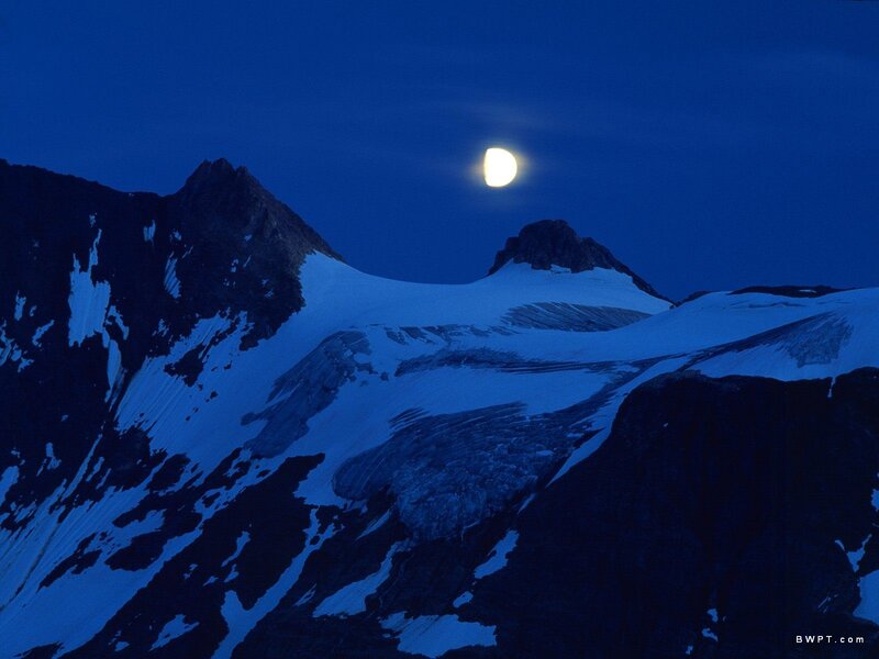 Snow-covered Mountains — Blue, Serene, Night, Photograph, Moon, Mountain Peaks, Snow