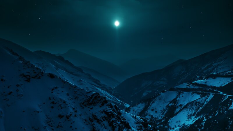 Snow-covered Mountains — Blue, Serene, Night, Photograph, Moon, Stars
