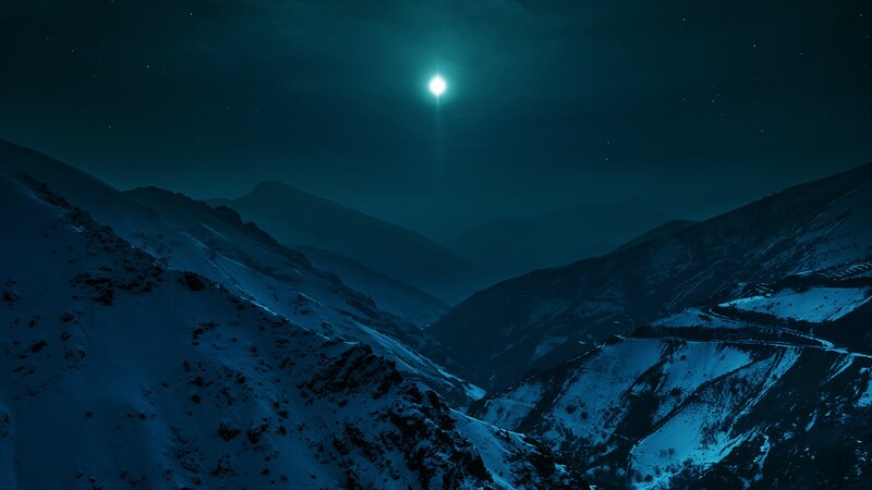 Snow-covered Mountains — Blue, Serene, Night, Photograph, Moon, Stars, Valley