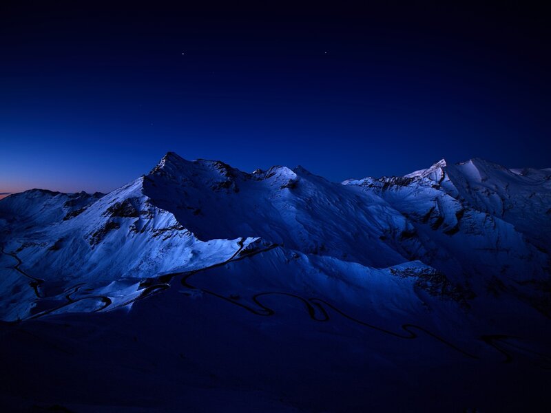 Snow-covered Mountains — Blue, Serene, Night, Photograph, Sky