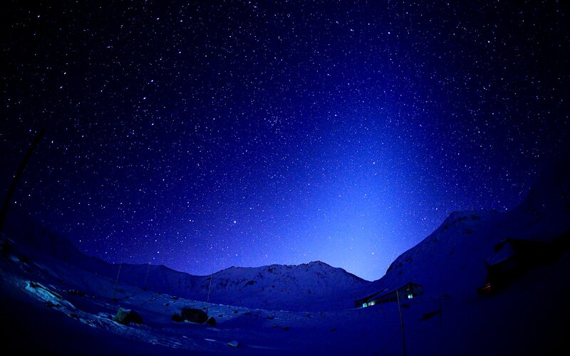 Snow-covered Mountains — Blue, Serene, Night, Photograph, Stars, Building
