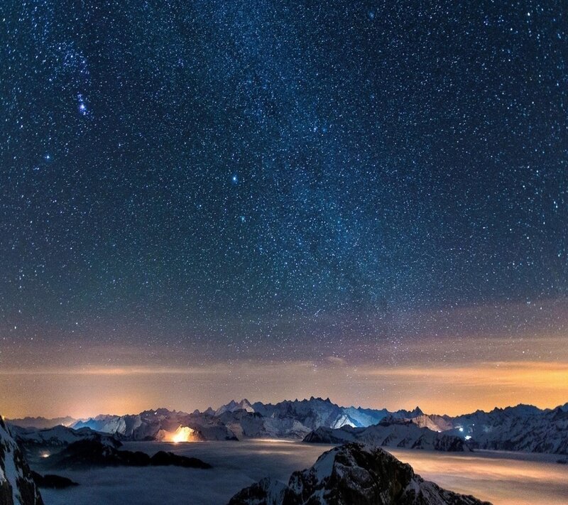 Snow-covered Mountains — Blue, Serene, Night, Photograph, Stars, Clouds, Lights