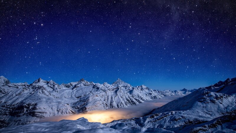 Snow-covered Mountains — Blue, Serene, Night, Photograph, Stars, Clouds, Night Sky
