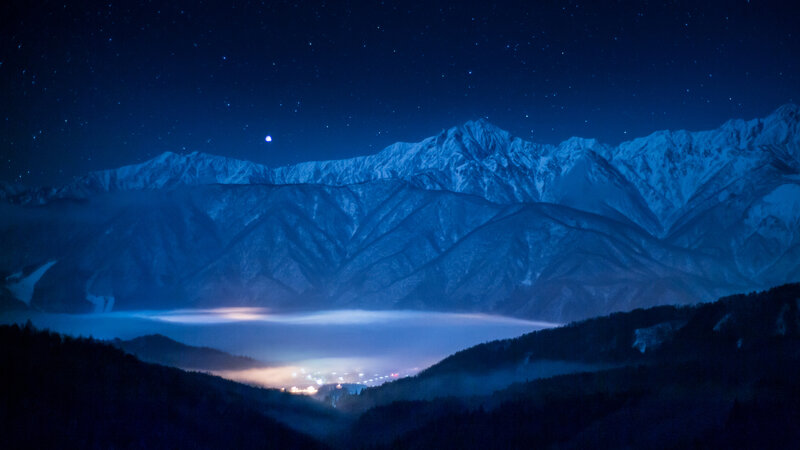 Snow-covered Mountains — Blue, Serene, Night, Photograph, Stars, Clouds, Town Lights