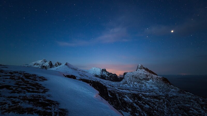 Snow-covered Mountains — Blue, Serene, Night, Photograph, Stars, Moon