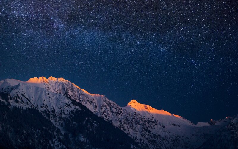 Snow-covered Mountains — Blue, Serene, Night, Photograph, Stars, Mountain Peaks, Forests