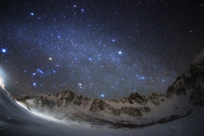 Snow-covered Mountains — Blue, Serene, Night, Photograph, Stars, Night Sky, Snow