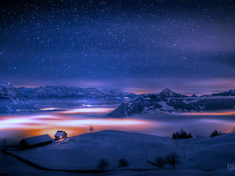 Snow-covered Mountains — Blue, Serene, Night, Photograph