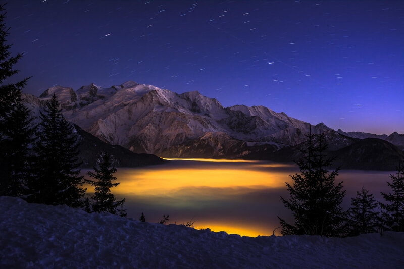 Snow-covered Mountains — Blue, Serene, Night, Photograph, Trees, Clouds