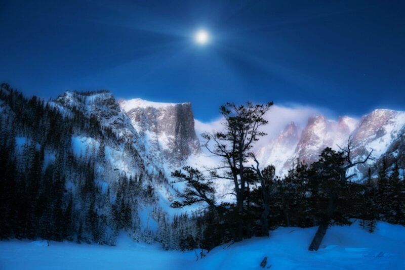 Snow-covered Mountains — Blue, Serene, Night, Photograph, Trees, Moon